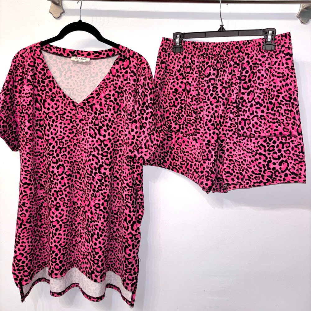 Pink Leopard Print V-Neck Top & Shorts Lounge Set